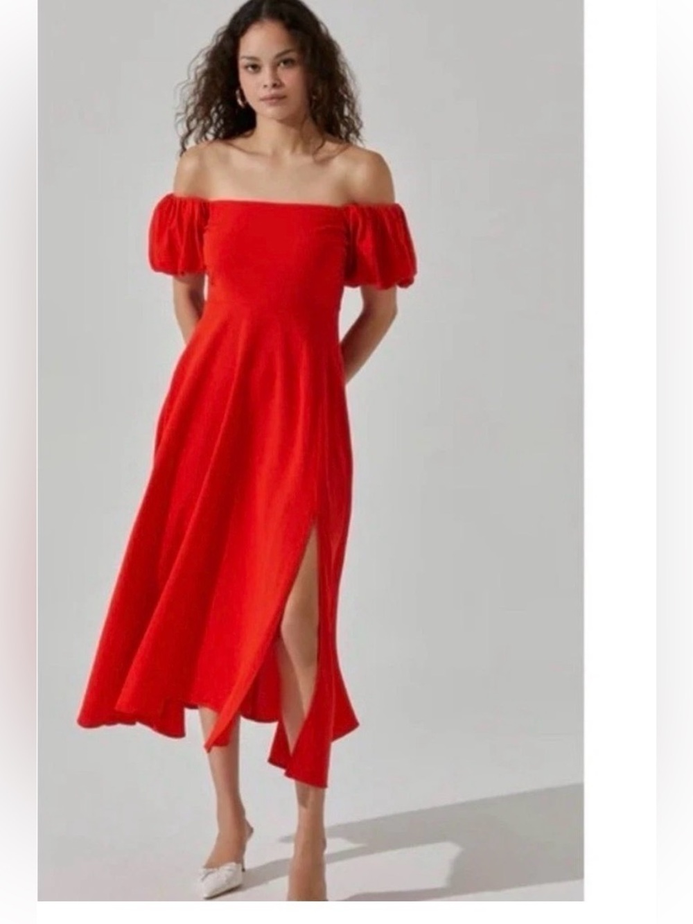 New ASTR The Label off shoulder red linen blend maxi dress sz S